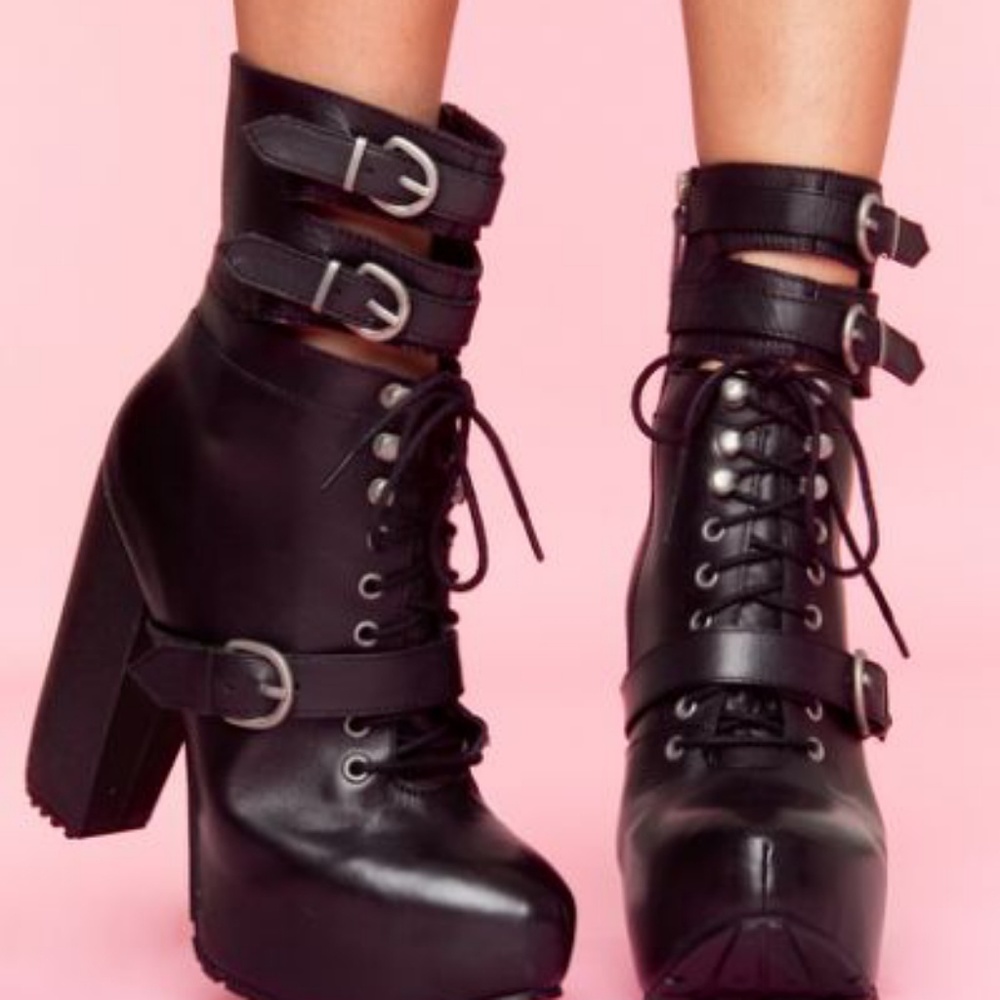 Miista Andee Black Leather Platform Buckle Boots
